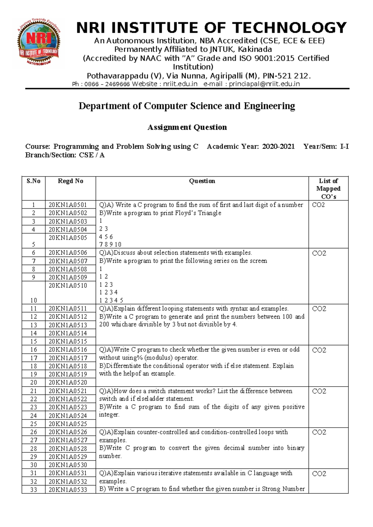 CSE A assignment questions on programming and problem solving using C ...