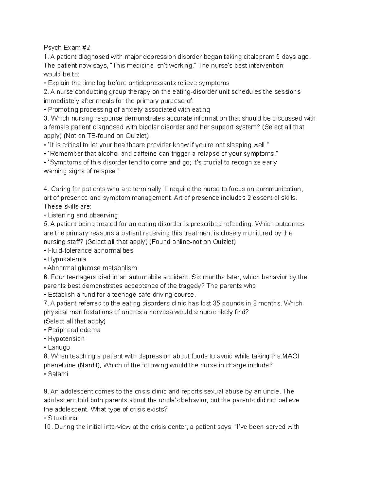 Psych Nursing Exam 2 Review - Key Concepts & Interventions - Studocu