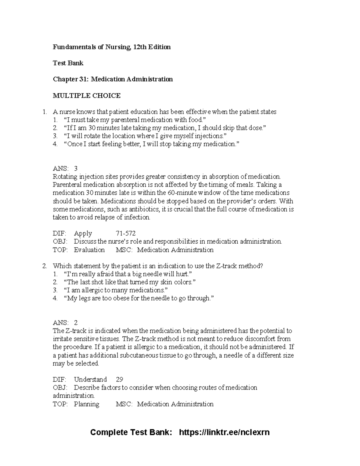 Chapter 31: Medication Administration Test Bank - Fundamentals of ...