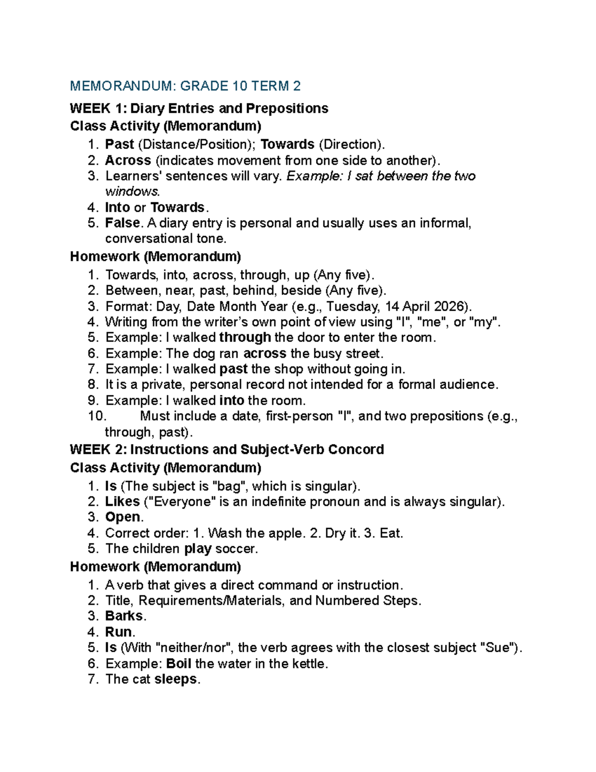 Grade 10 Term 2 Lesson Plans: Diary Entries, Prepositions & More - Studocu