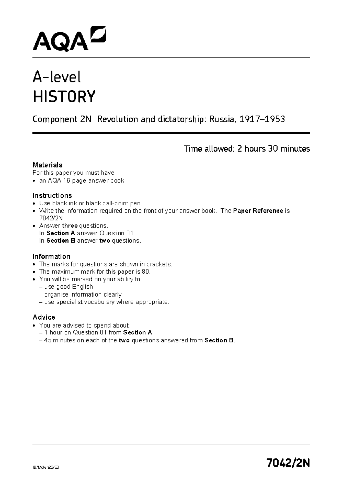 AQA A-Level History 2022 Past Paper: Component 2N Revolution ...