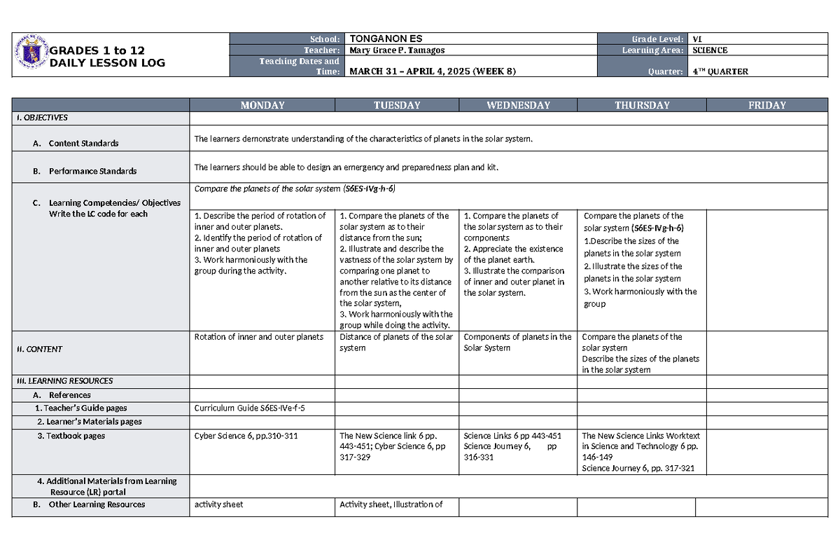 DLL Science 6 Q4 W8 - lecture notes - GRADES 1 to 12 DAILY LESSON LOG ...