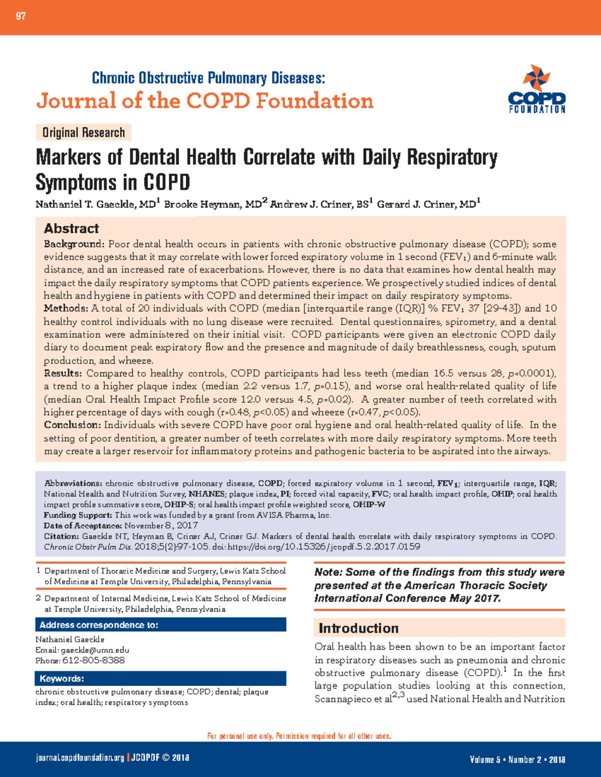 Markers of Dental Health and Daily Respiratory Symptoms in COPD: A ...