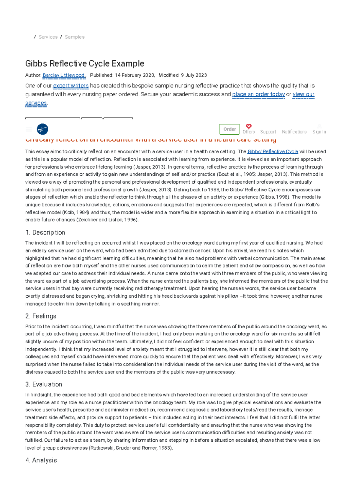 Sample Essay Using Gibbs' Reflective Model - / Services / Samples Gibbs ...