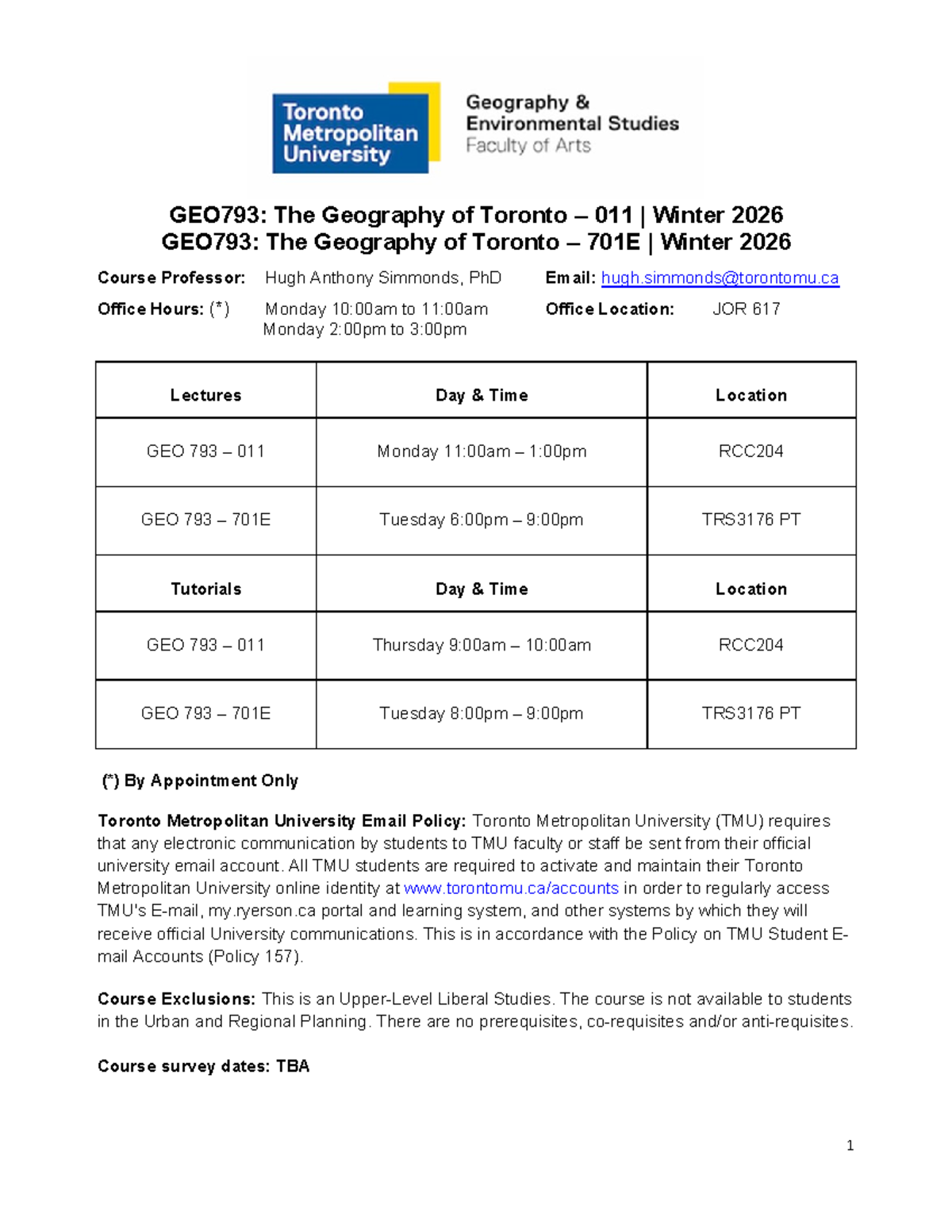 GEO793: Course Outline for Geography of Toronto - Winter 2026 - Studocu