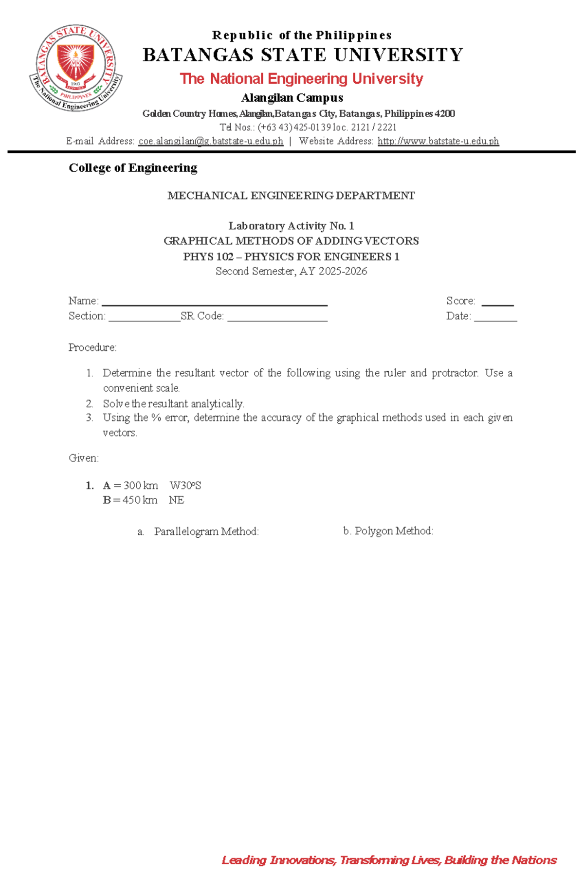PHYS 102 Laboratory Activity: Graphical Methods of Adding Vectors - Studocu