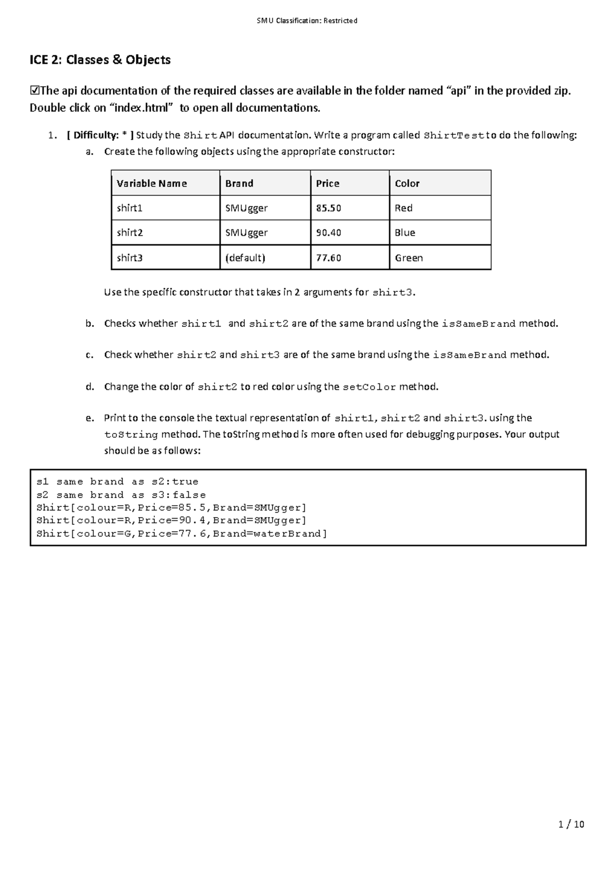ICE2: Classes and Objects API Documentation and Exercises - Studocu