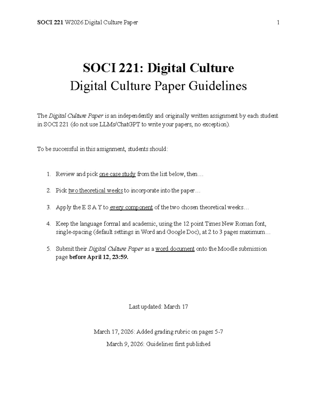 SOCI 221 W2026 Digital Culture Paper Guidelines and Case Studies - Studocu