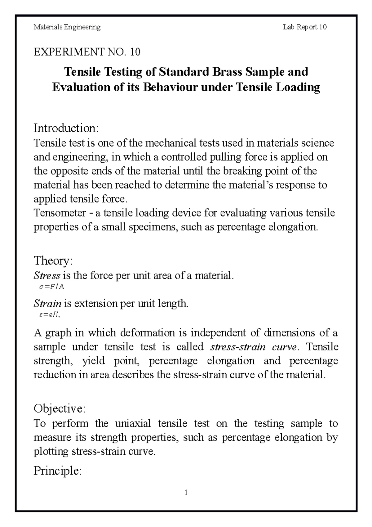 Lab Report 10: Tensile Testing of Standard Brass Sample - Studocu