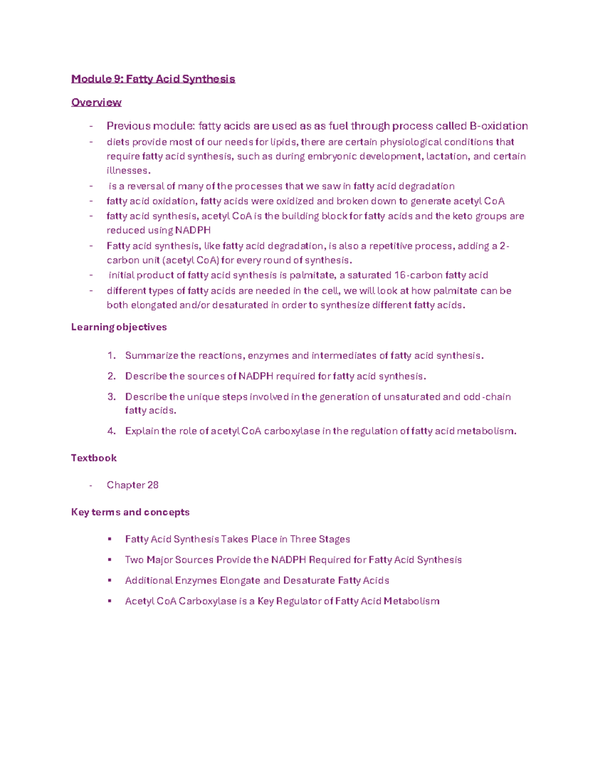 Module 9 - Fatty Acid Synthesis Study Notes for the Final Exam - Studocu