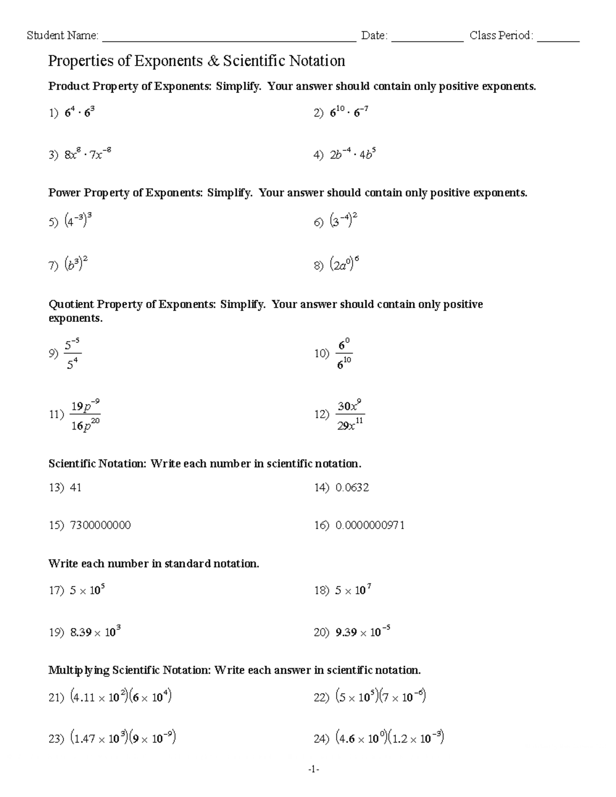Properties of Exponents & Sci Notation Worksheet-1 - Studocu