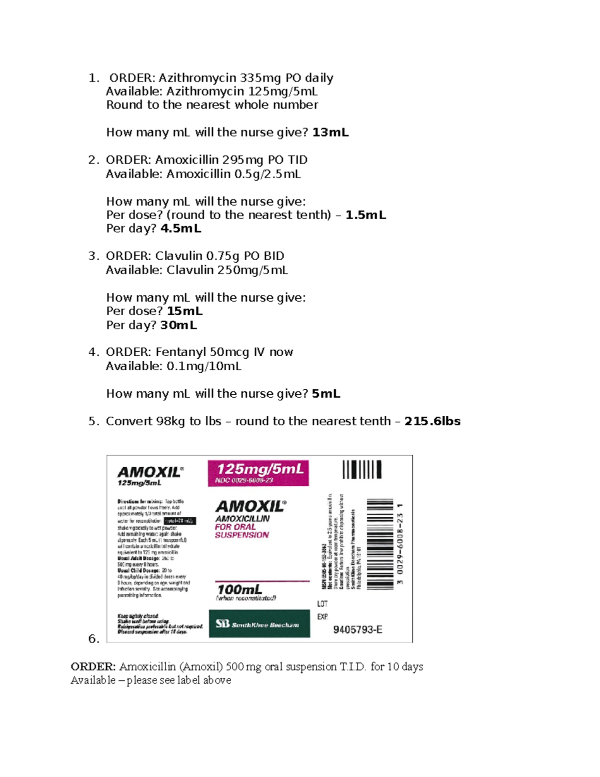 Math Extra Practice Answers - ORDER: Azithromycin 335mg PO daily ...