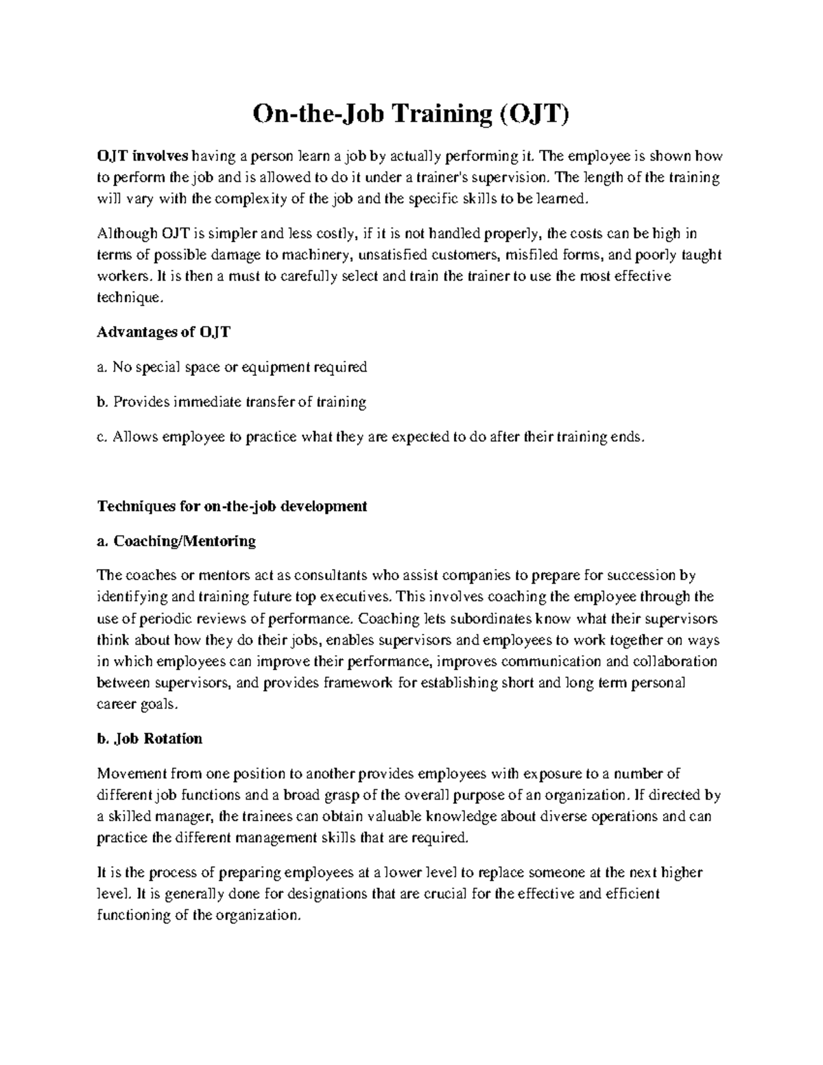OJT Techniques: Advantages, Coaching, Job Rotation & JIT Overview - Studocu