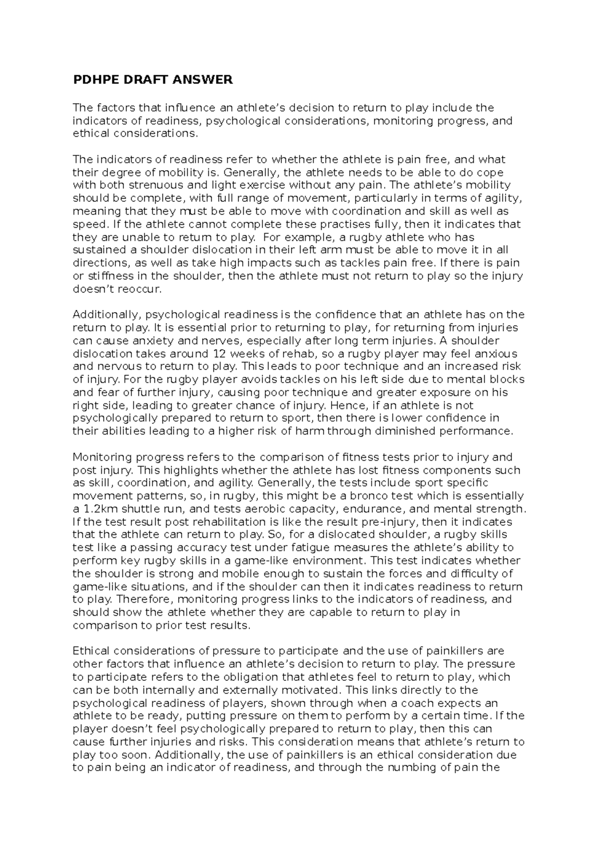PDHPE Term 2 Assignment: Factors Influencing Return to Play - Studocu