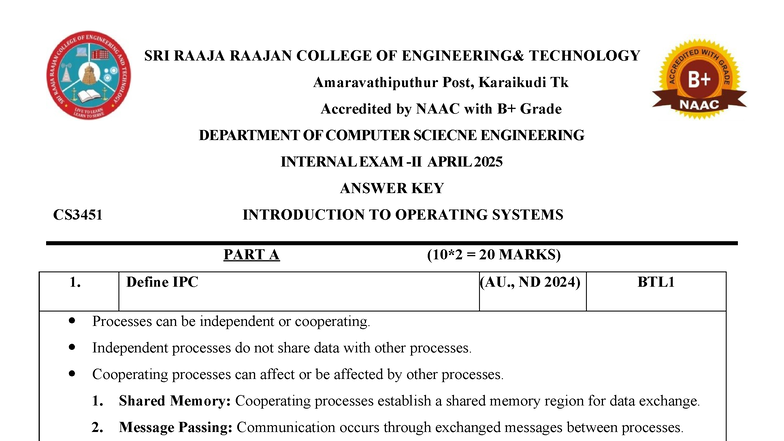 CS3451 Internal Exam Answer Key - Introduction to Operating Systems ...