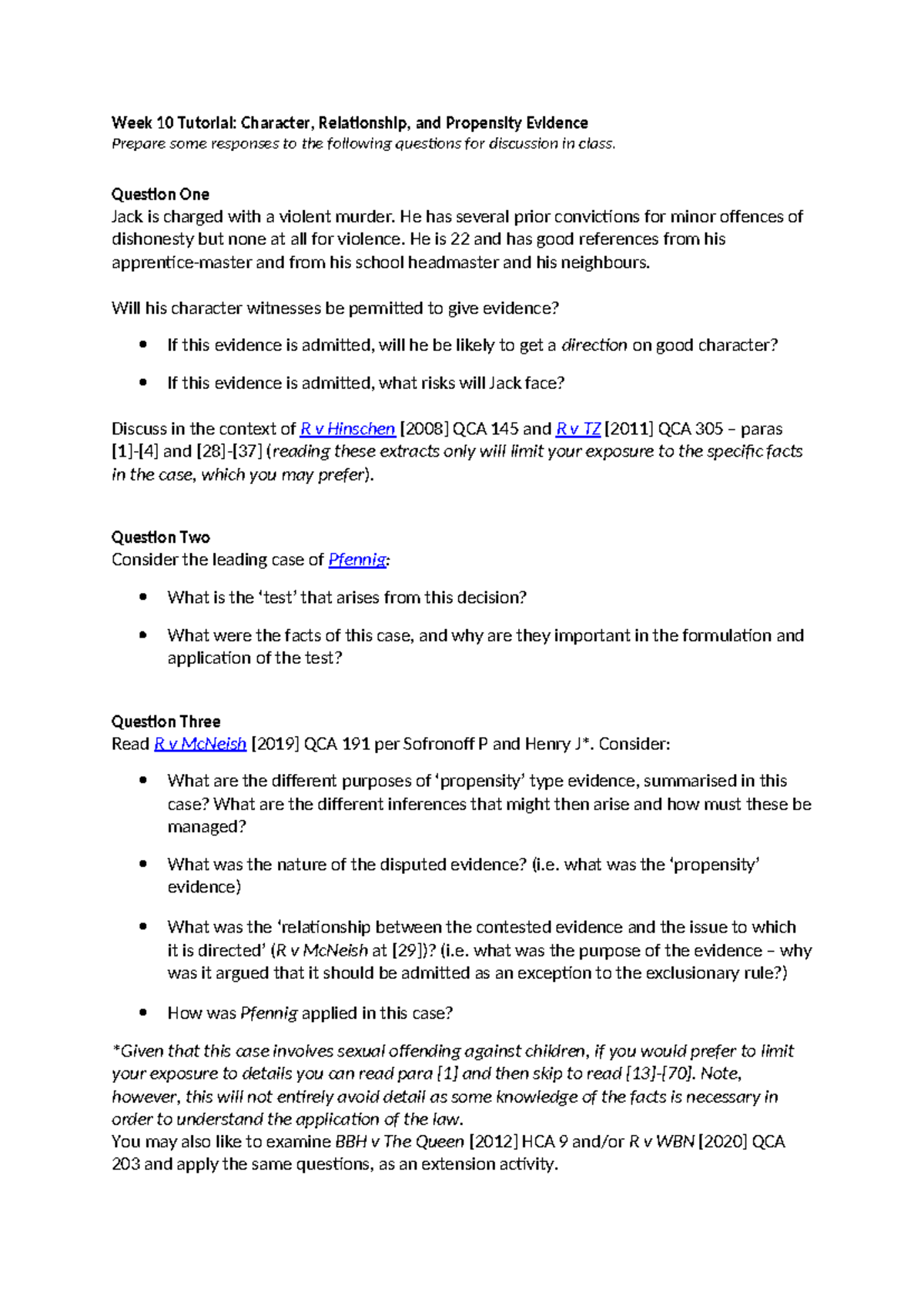 Week 10 Tutorial Questions - Week 10 Tutorial: Character, Relationship ...