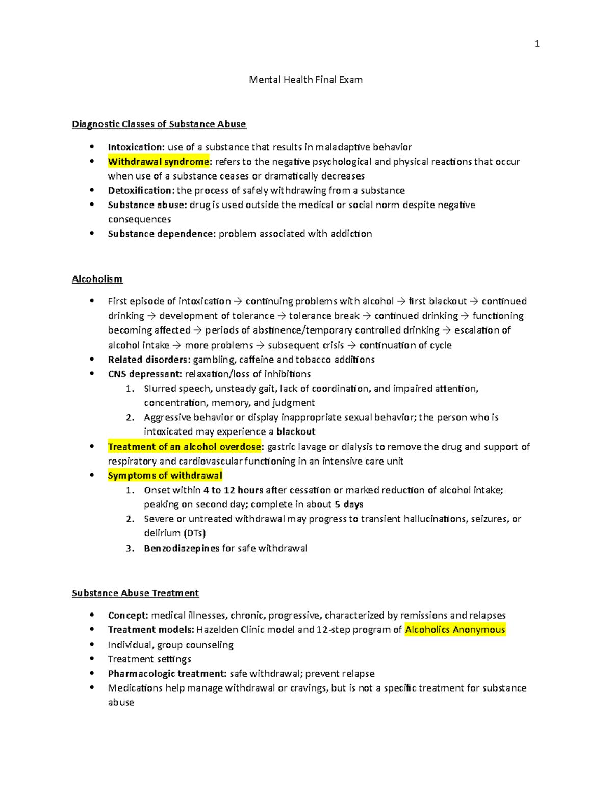 Mental Health [MH 101] Final Exam Study Guide: Key Concepts & Terms ...