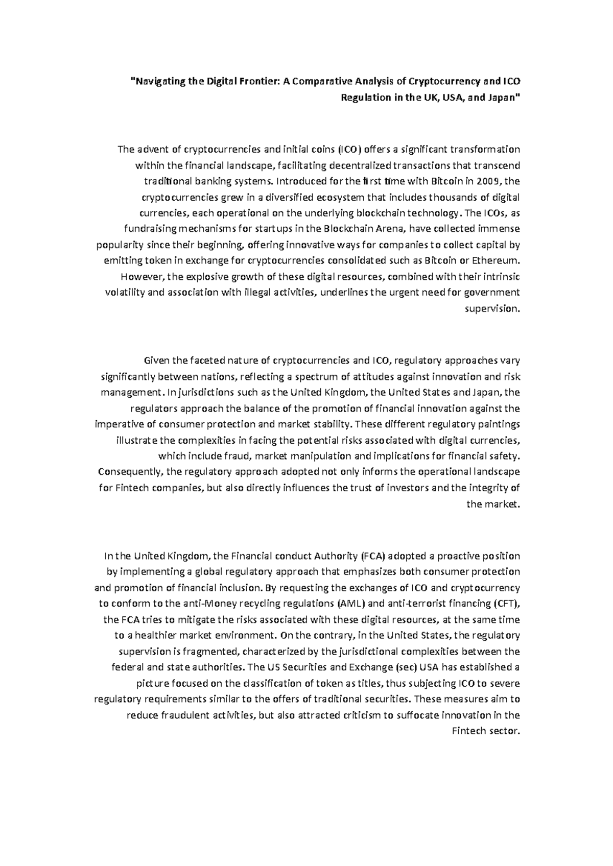 CRYPTO101: Comparative Study of Crypto & ICO Regulation in UK, USA, Japan