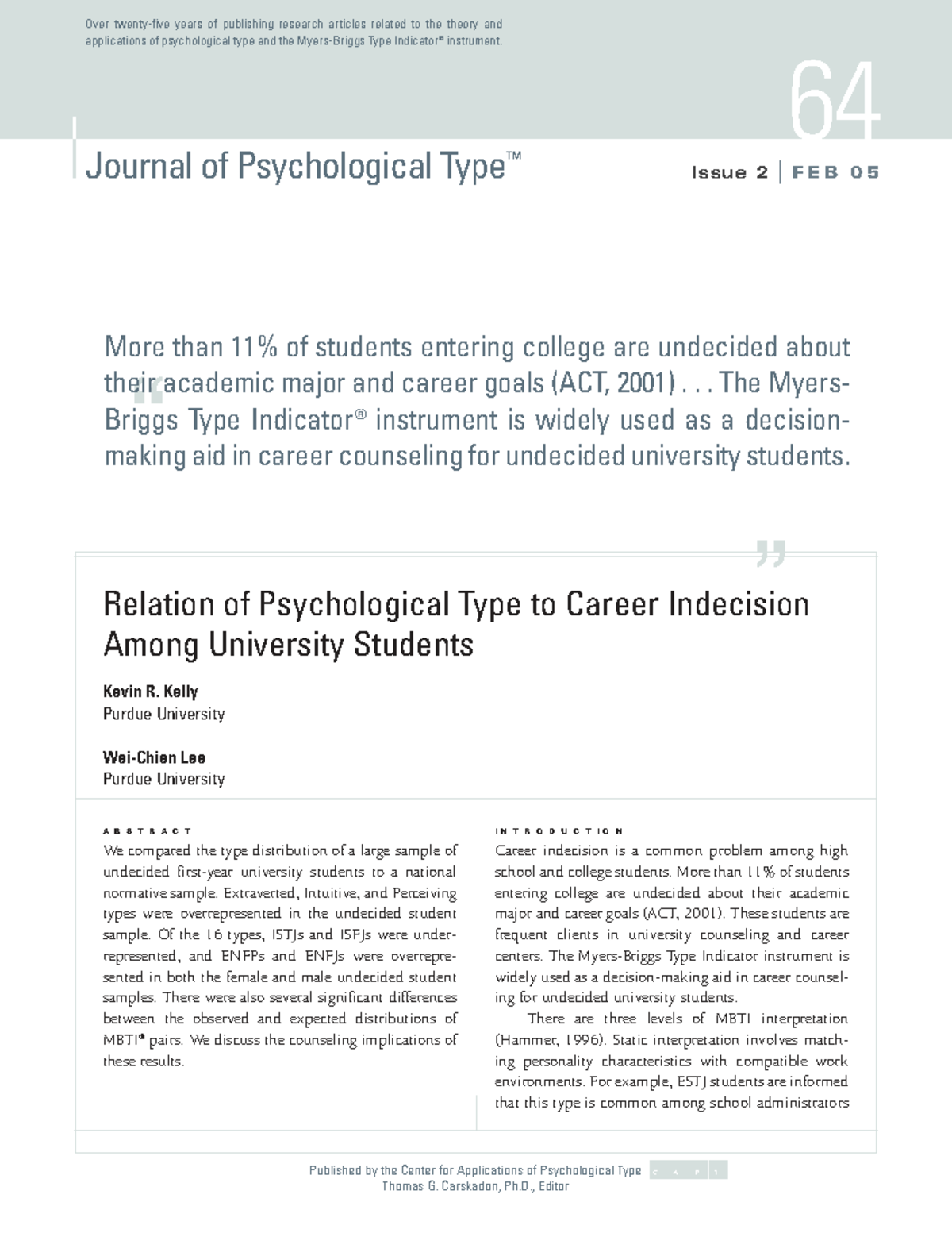 PSY 64: Relation of Psychological Type to Career Indecision Among ...
