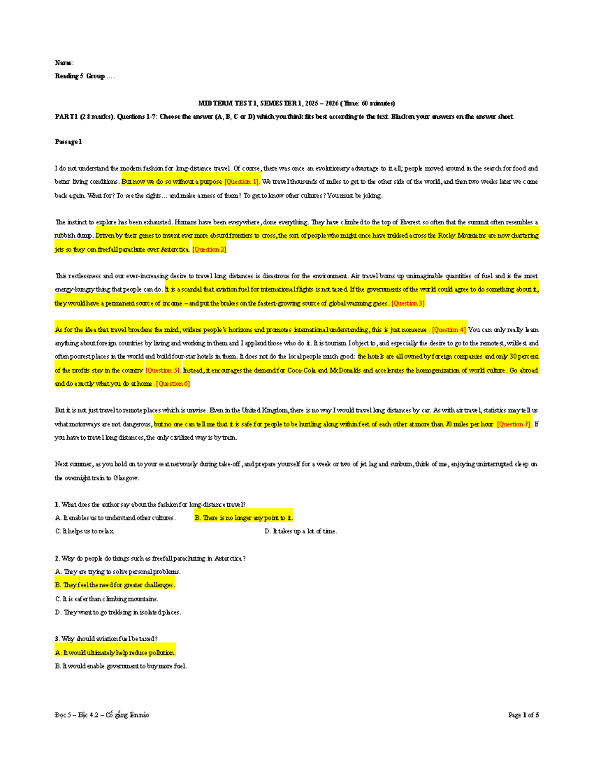 Đề MIDTERM 1 - Reading 5 Group - Semester 1, 2025-2026 - Studocu