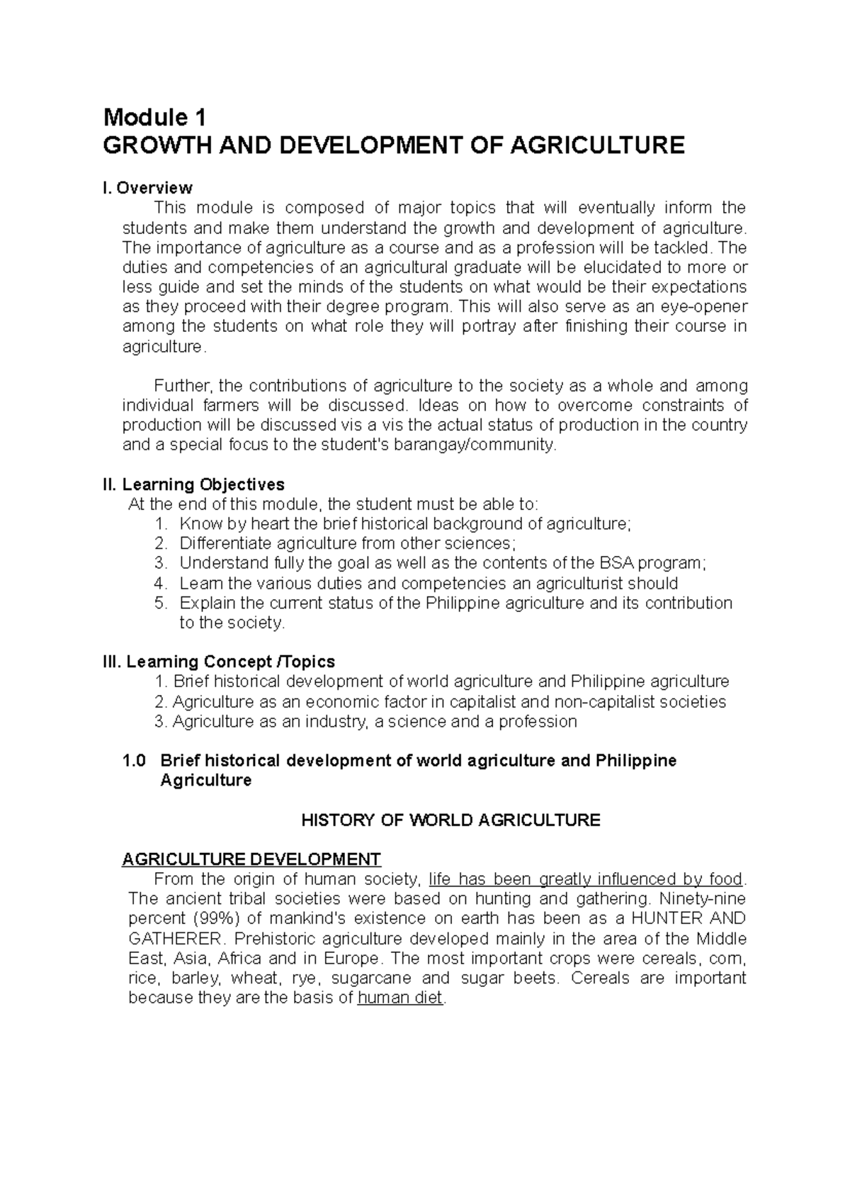 Module 1: Growth and Development of Agriculture - BSA Overview - Document Preview