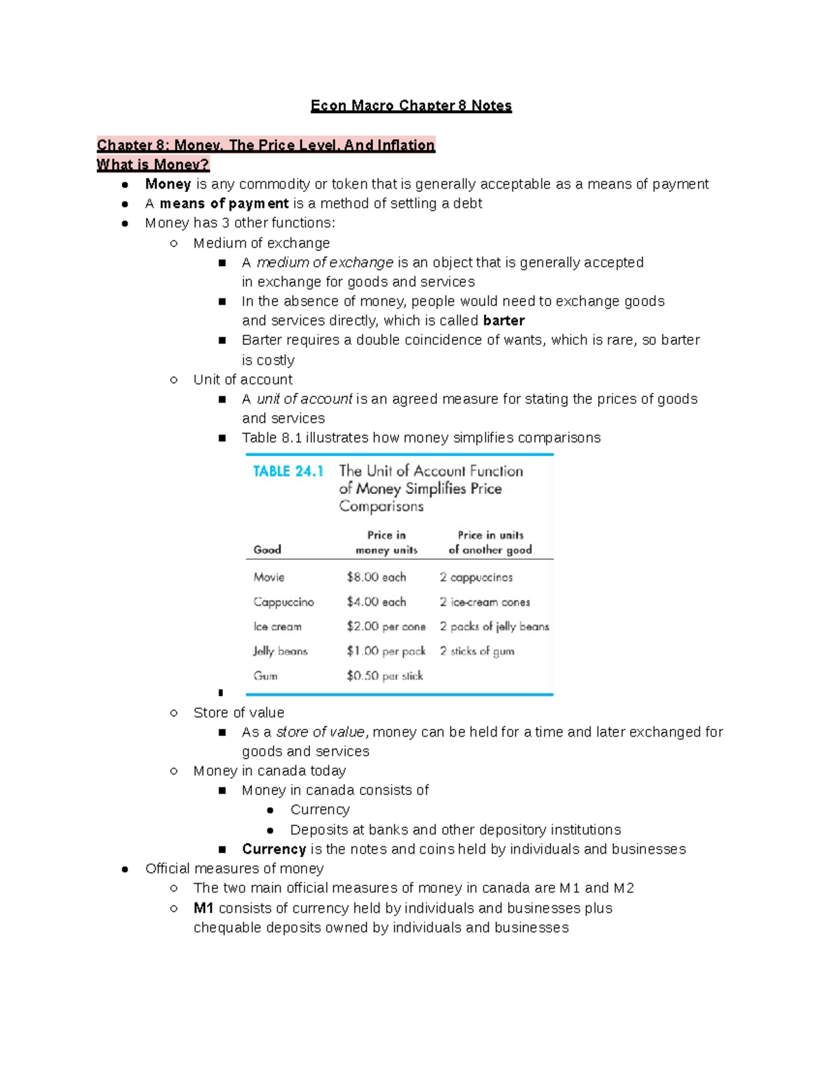 Econ Macro Chapter 8: Money, Price Level, and Inflation Notes - Studocu