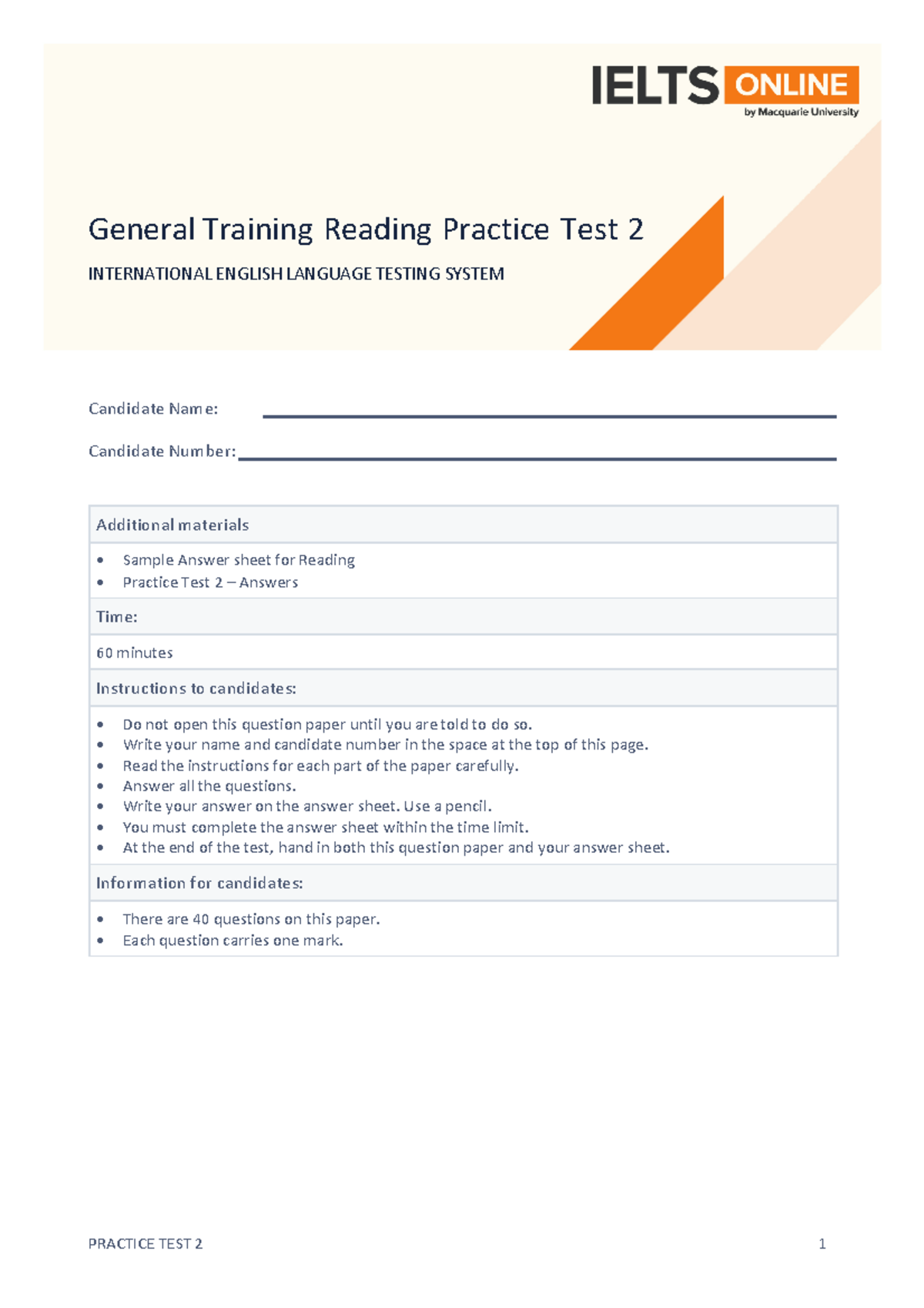 General Training Reading Practice Test 2 - IELTS Preparation - Studocu