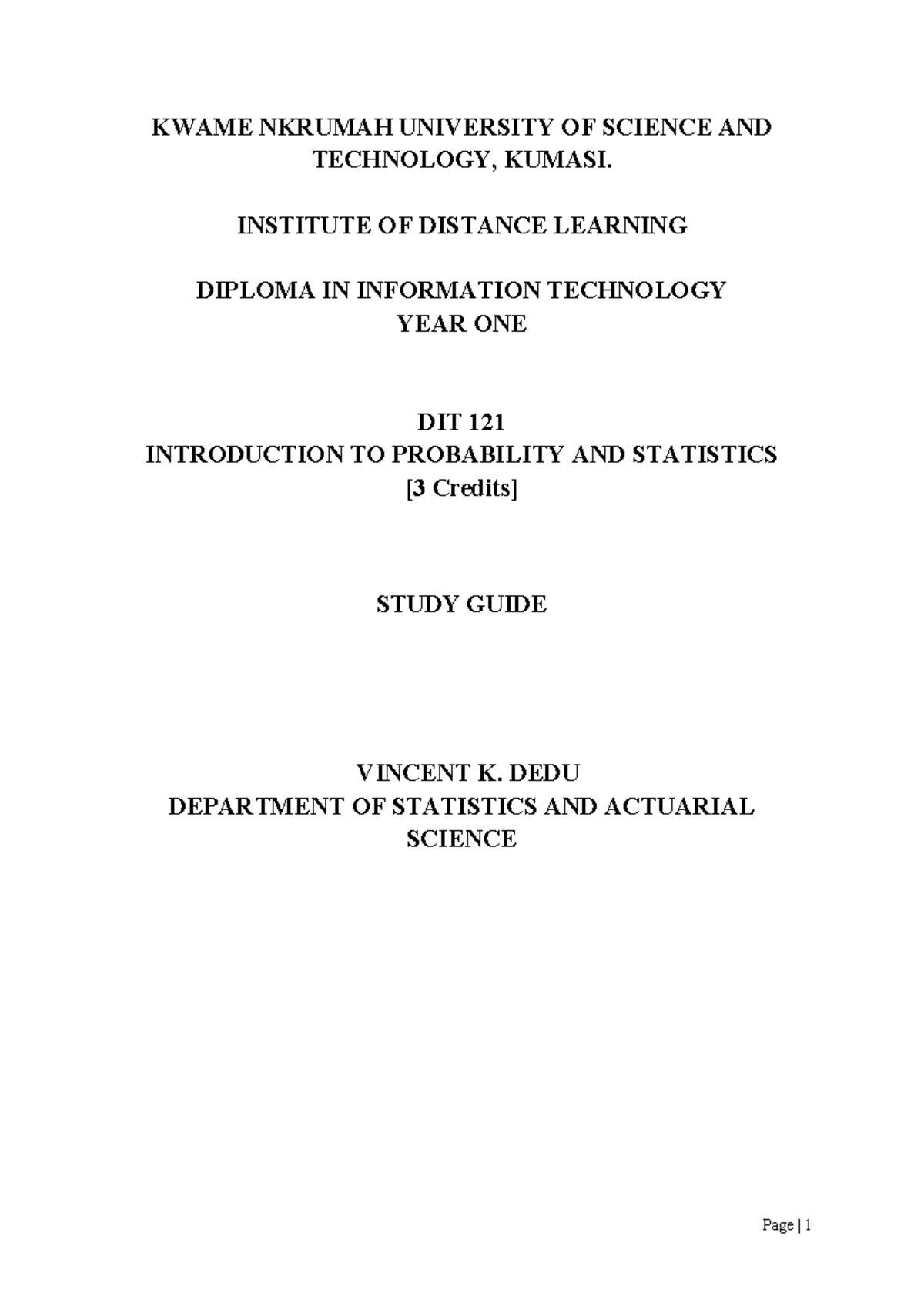 Study Guide for DIT 121: Introduction to Probability and Statistics ...