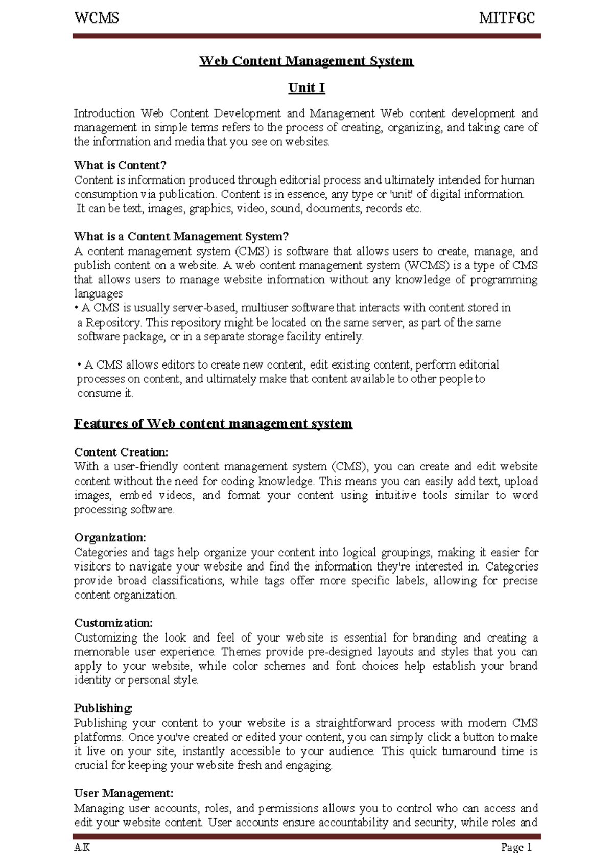 WCMS MITFGC Unit I: Intro to Web Content Management & Development - Studocu