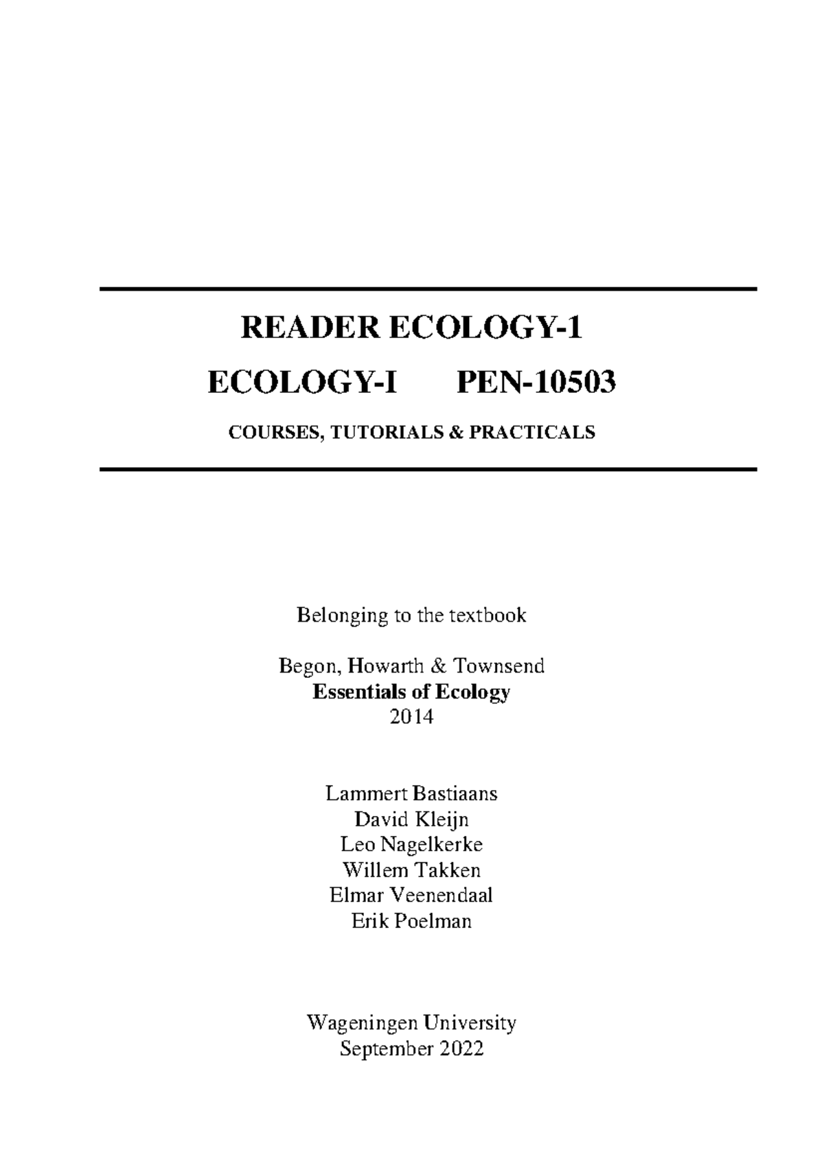 Ecology I Course Reader: Specializations and Principles Overview ...