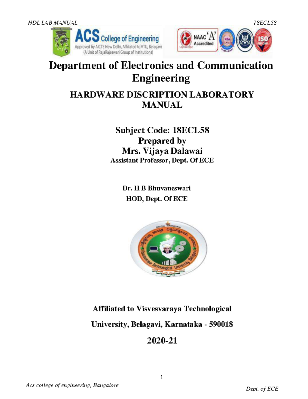 HDL LAB Manual 2018 - Nothing - Acs college of engineering, Bangalore 1 ...