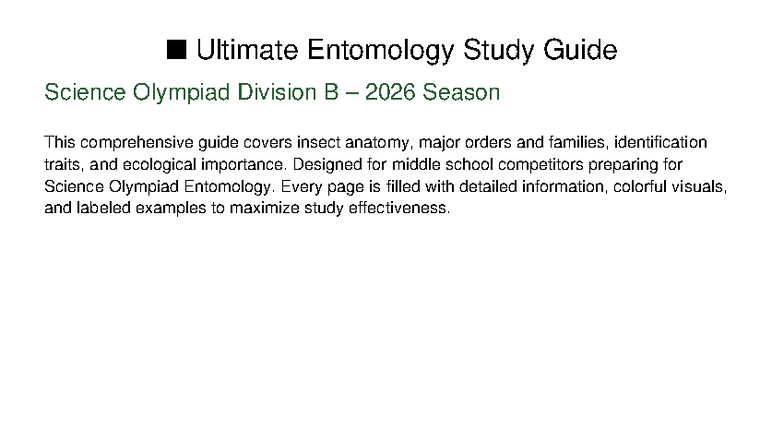 Entomology Study Guide for Science Olympiad Div B 2026 - Studocu
