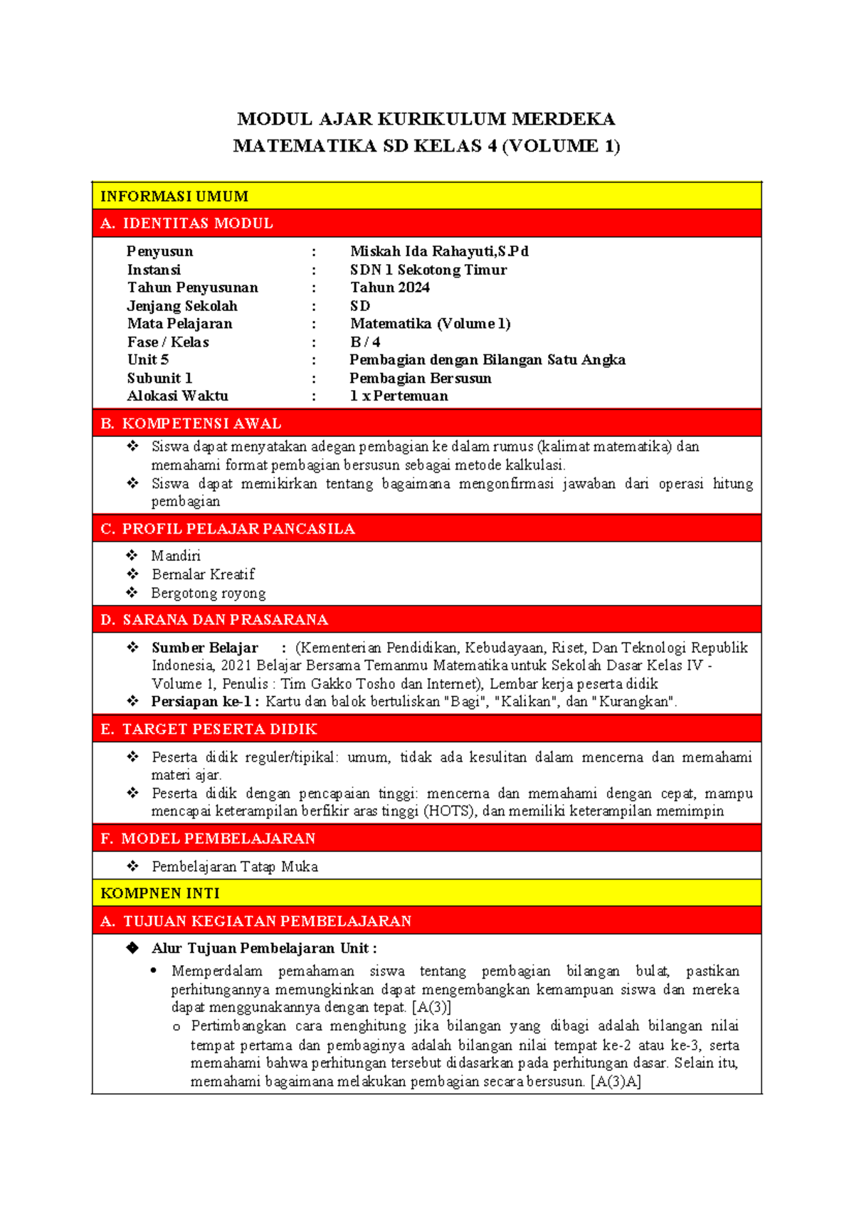 Modul Ajar Kurikulum Merdeka Matematika SD Kelas 4 - Unit 5 - Studocu