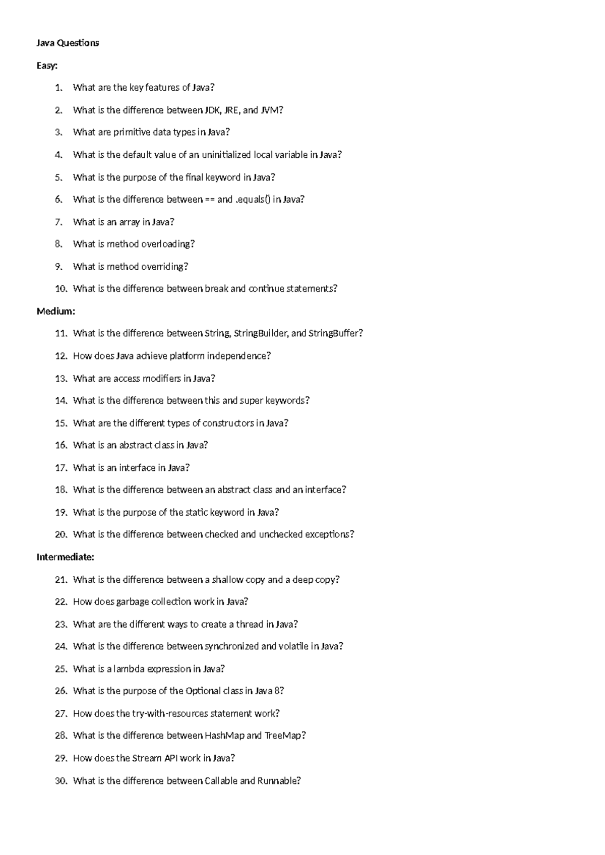 Java Questions - dds - Java Questions Easy: 1. What are the key ...
