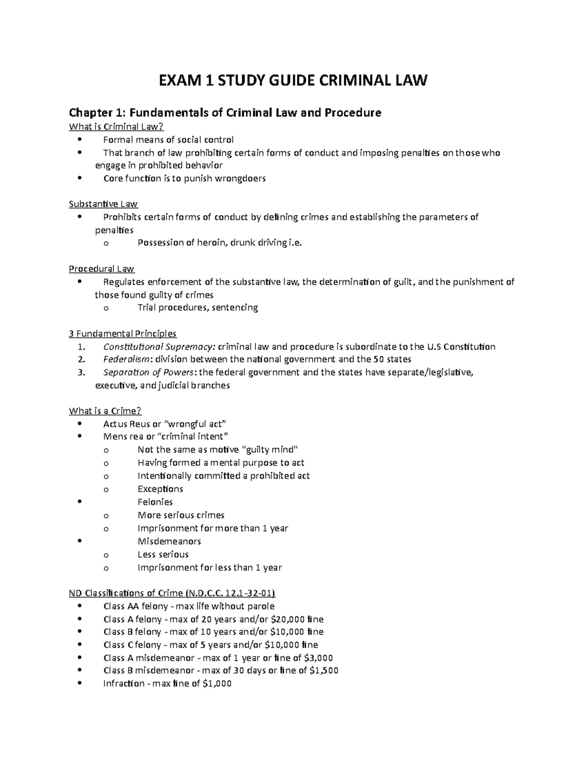 Criminal Law Exam 1 Study Notes: Key Concepts and Principles - Studocu