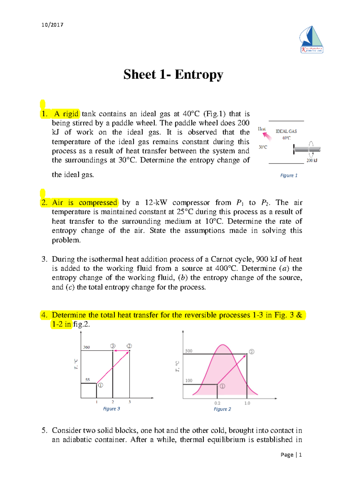 SH1 - Entropy Change Analysis in Ideal Gases and Heat Transfer ...
