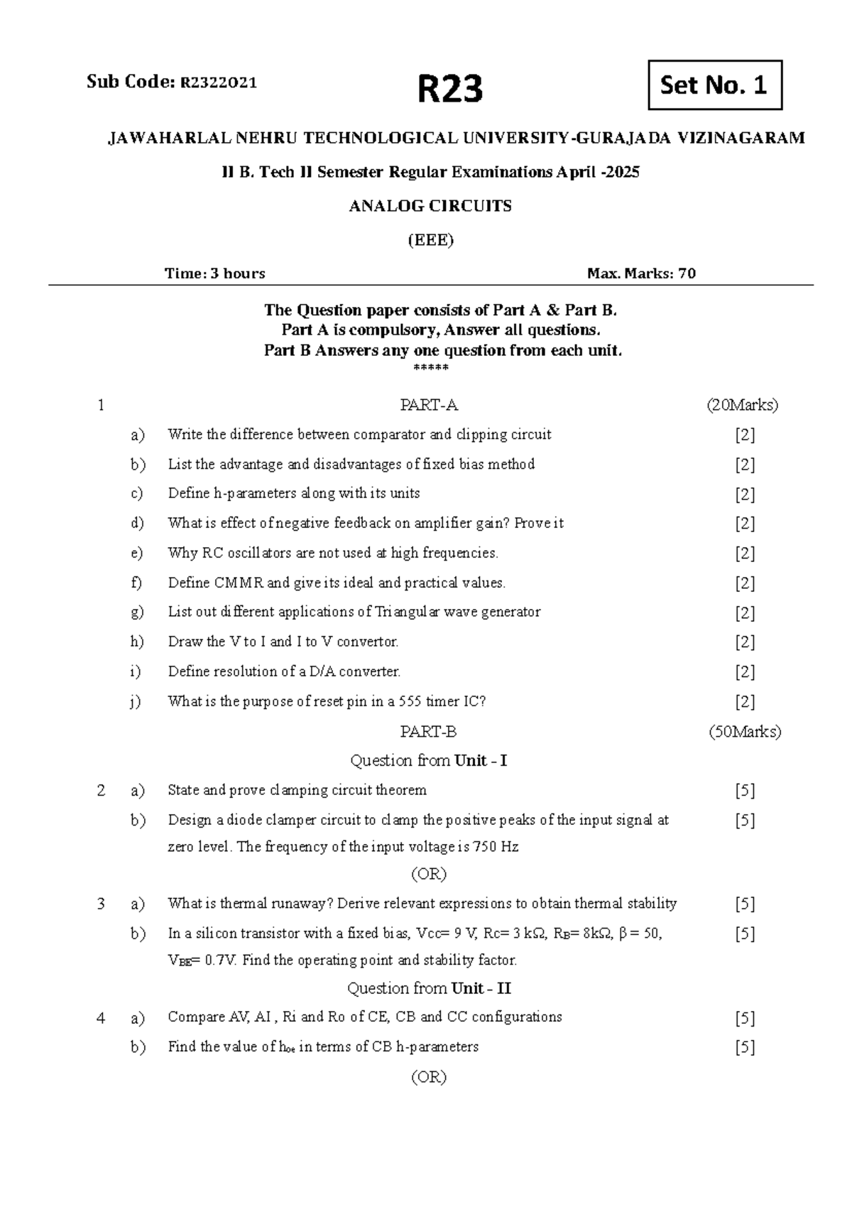 R2322O21 II B. Tech Analog Circuits Exam Set No. 1 - April 2023 - Studocu
