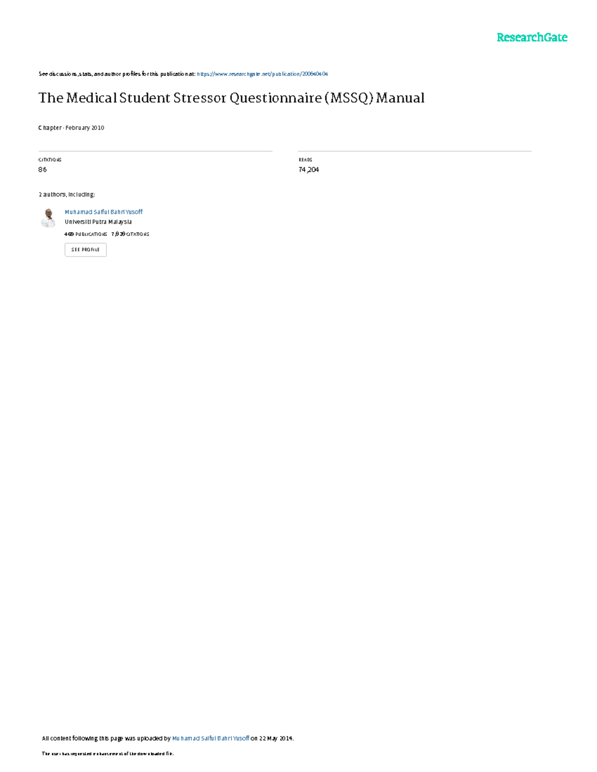 The Medical Student Stressor Questionnaire (MSSQ) Manual: A ...