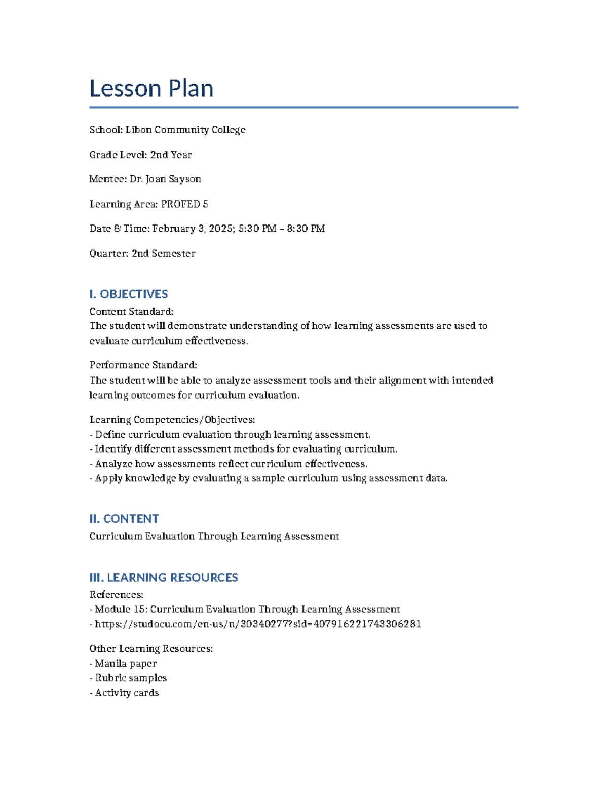 Lesson Plan: Curriculum Evaluation Through Learning Assessment (ProfEd ...