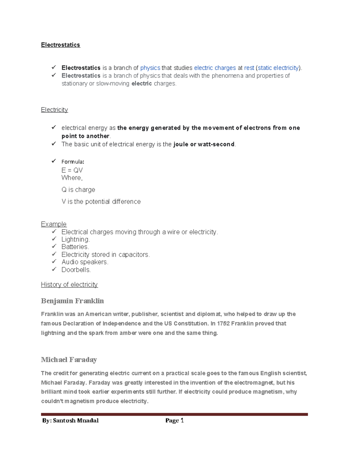 Electrostatics And Electricity Unit 1 Study Notes Studocu