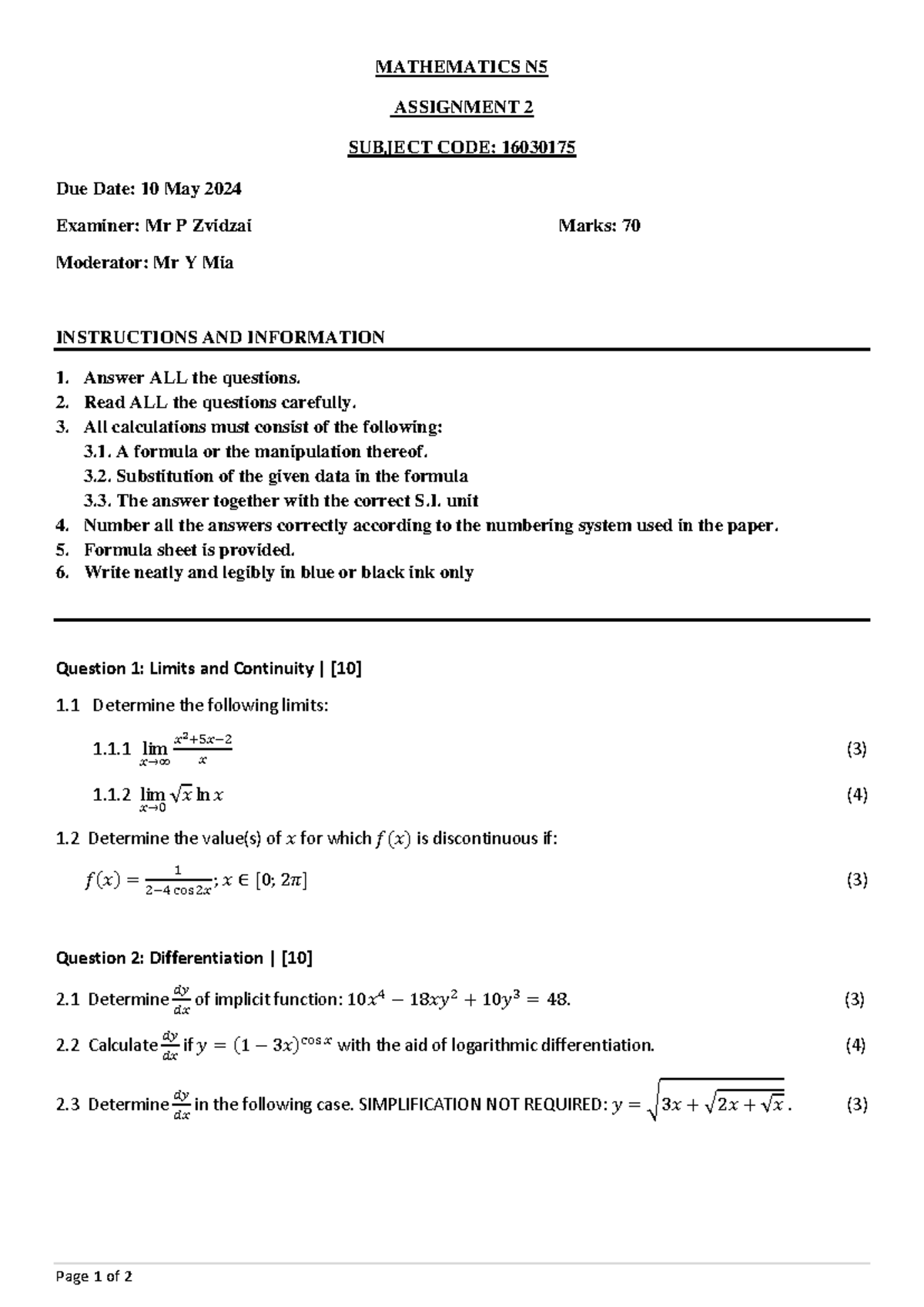 Maths N5 - Assignment 2 on Limits and Differentiation (16030175) - Studocu