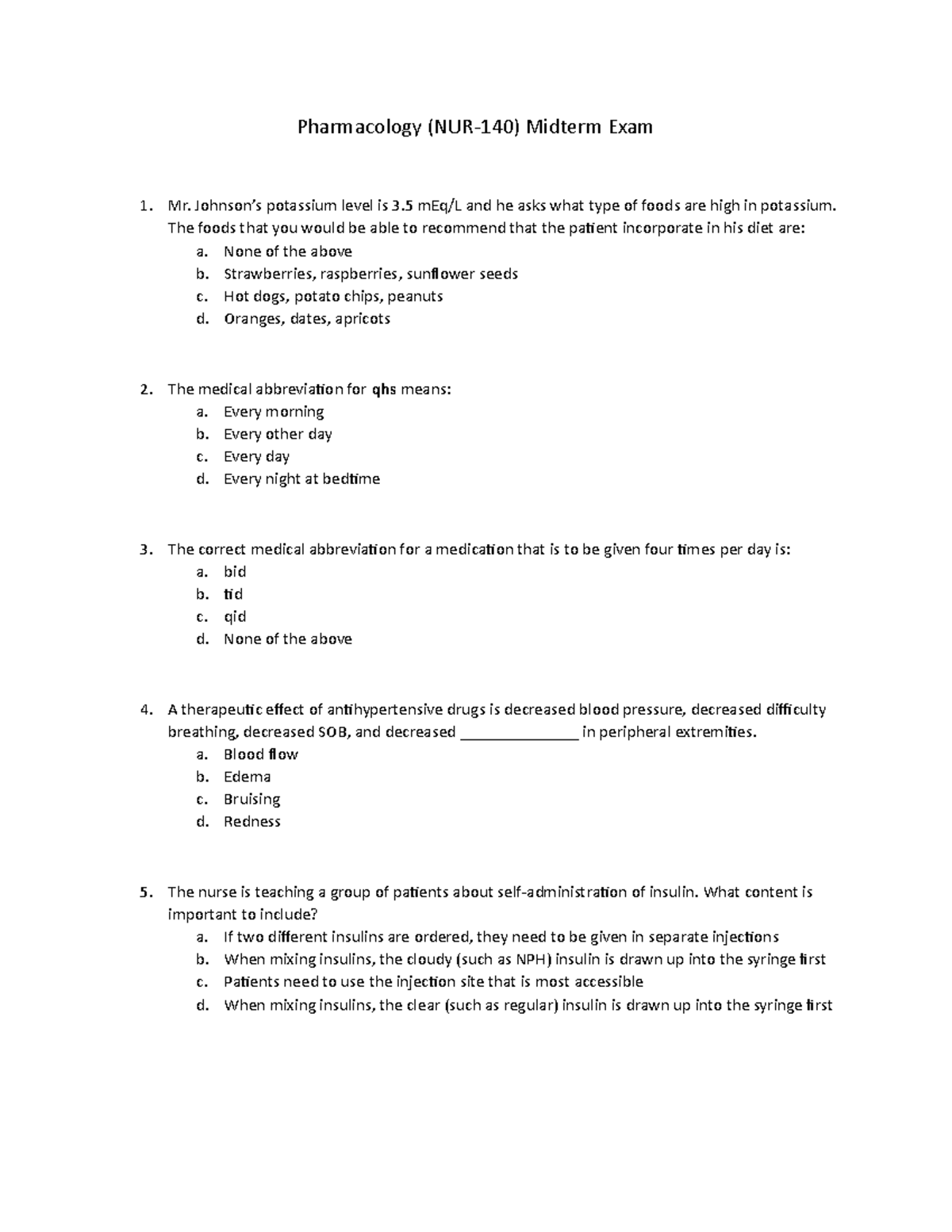 NUR-140 Pharmacology Midterm Exam Study Guide Questions - Studocu
