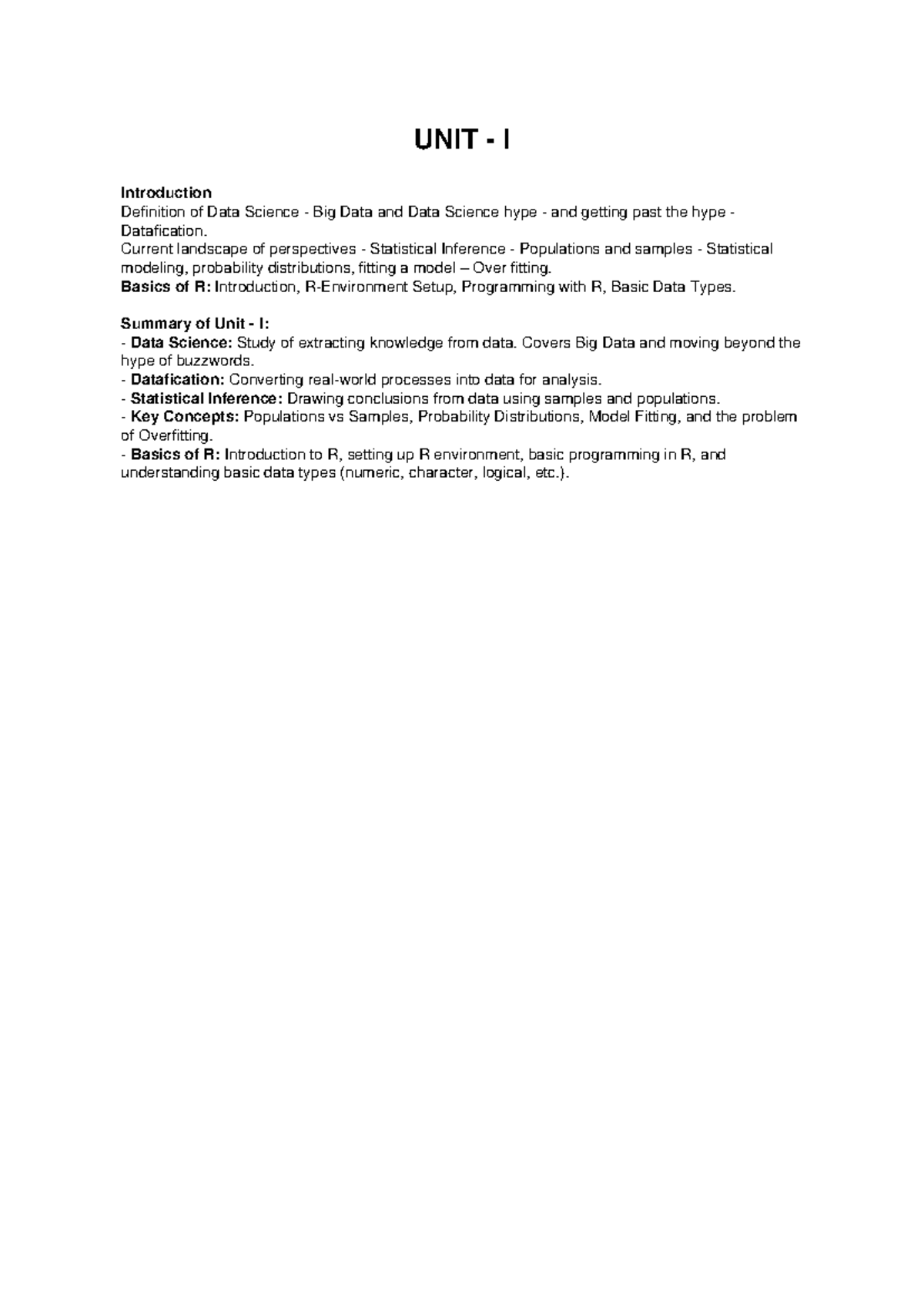Unit I: Introduction to Data Science and R Basics - Studocu