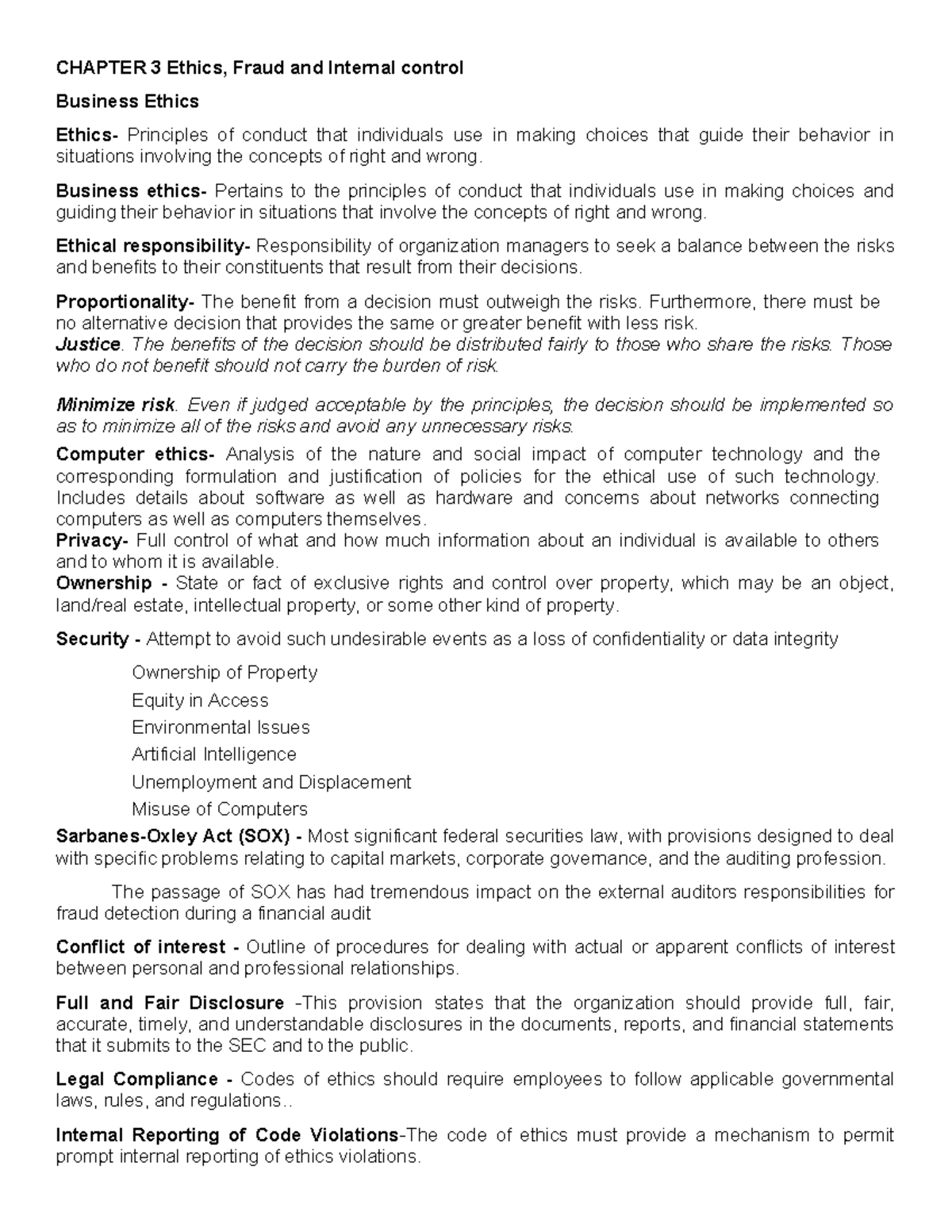 CHAPTER 3 - Summary of Ethics, Fraud, and Internal Control in AIS - Studocu