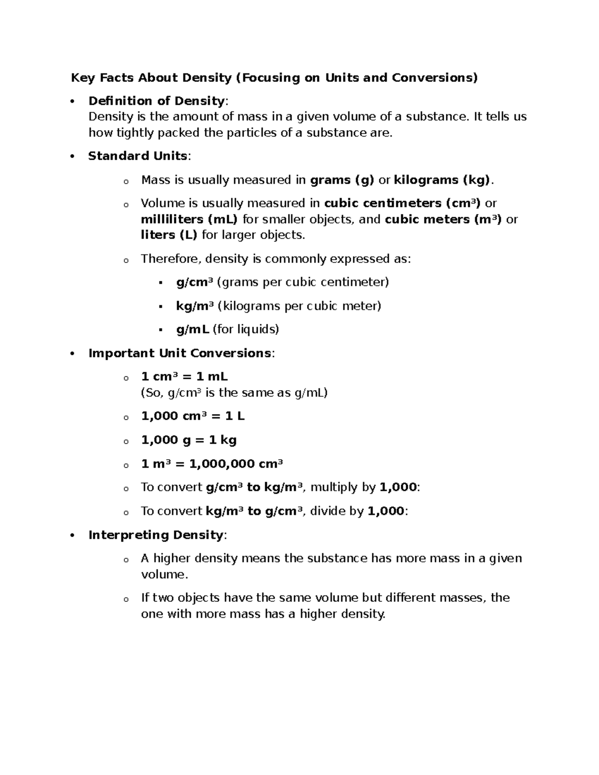 Key Facts on Density: Units & Conversions Explained - Studocu