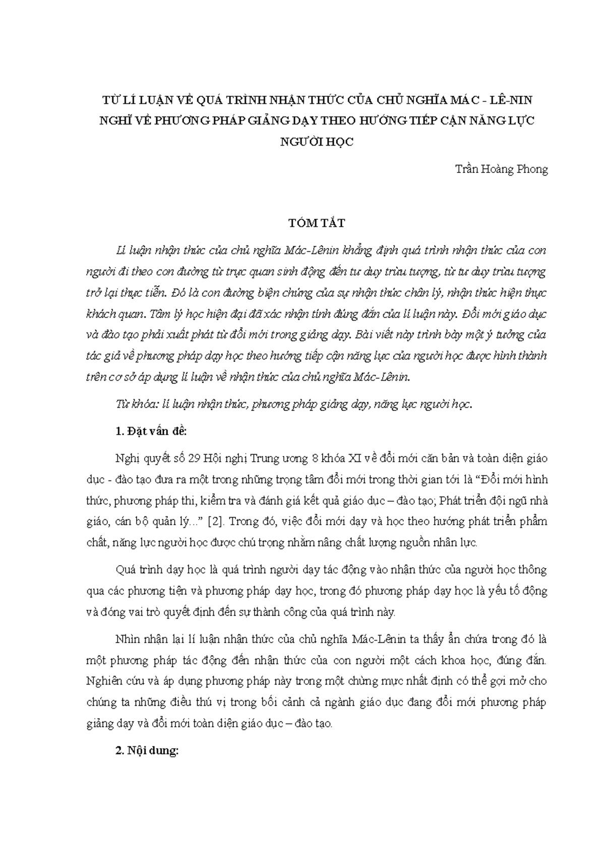 Tu li luan nhan thuc cua chu nghia Mac-Lenin nghi ve - TỪ LÍ LUẬN VỀ ...