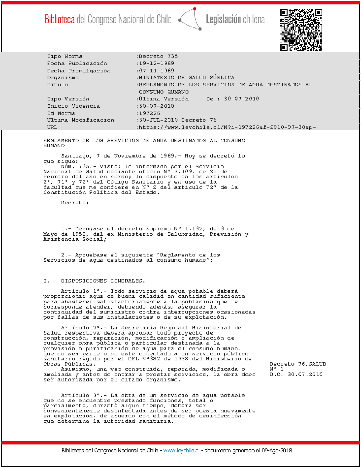Reglamento Servicios Agua Consumo Humano - DS 735 - 19-DIC-1969 - Document Preview