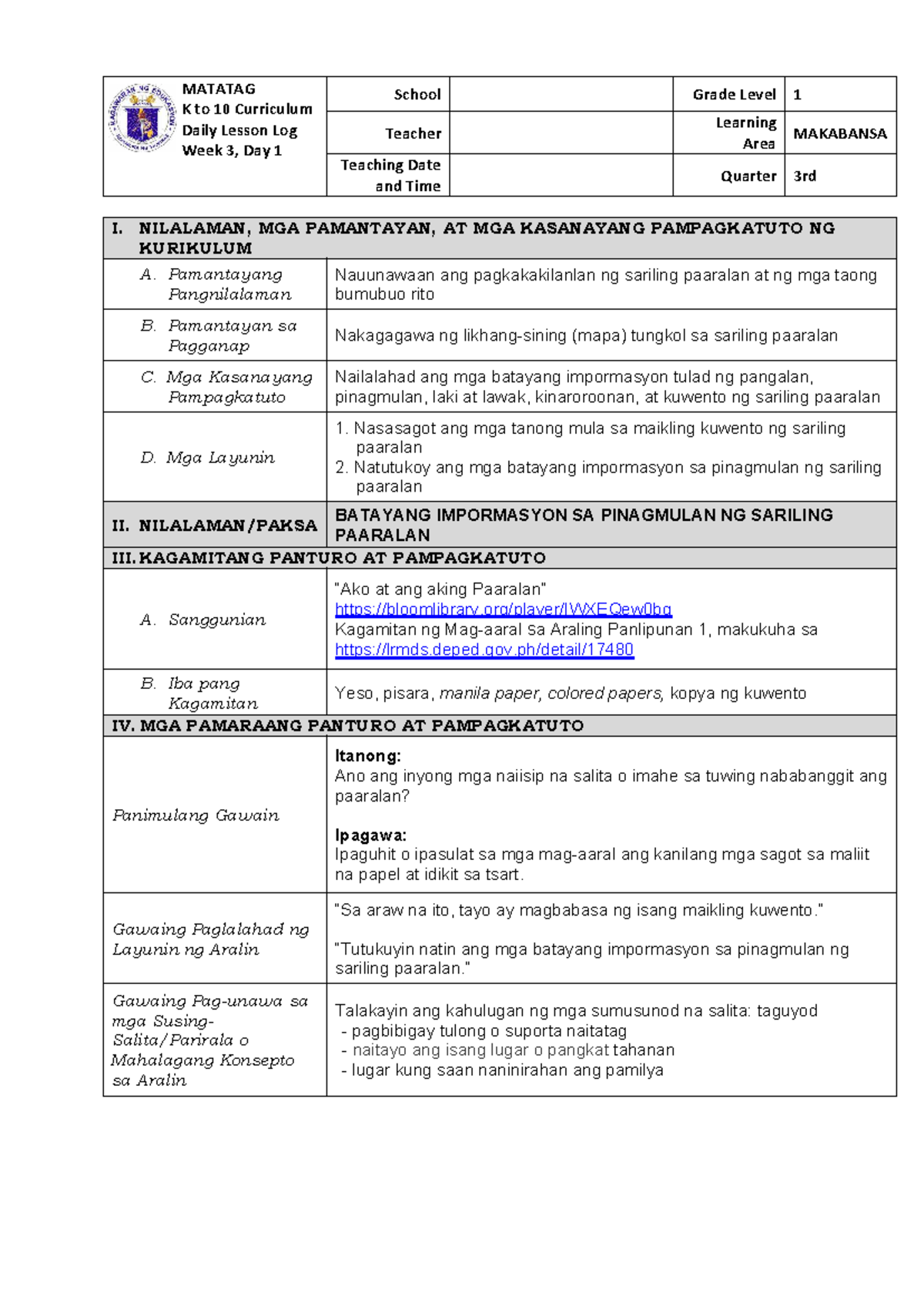 MATATAG K to 10 Curriculum Daily Lesson Log: Makabansa 1 Q3 W3 D1 - Studocu