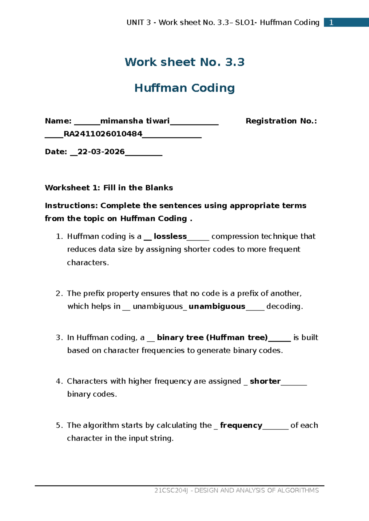UNIT 3 W3 - Huffman Coding Worksheet and Notes 21CSC204J - Studocu