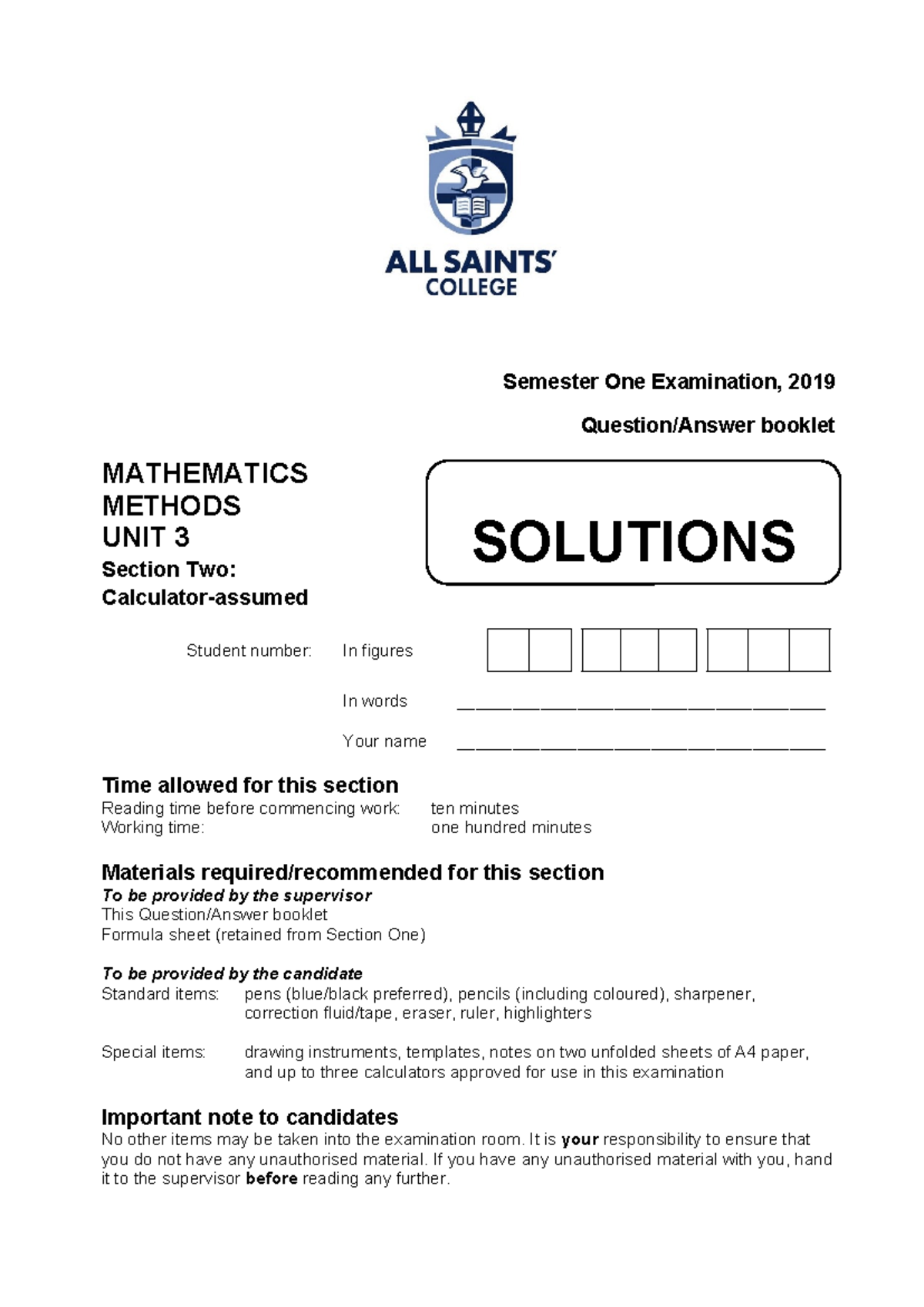 WAEP 2019 Year 12 Mathematics Methods Unit 3 Exam Solutions - Studocu